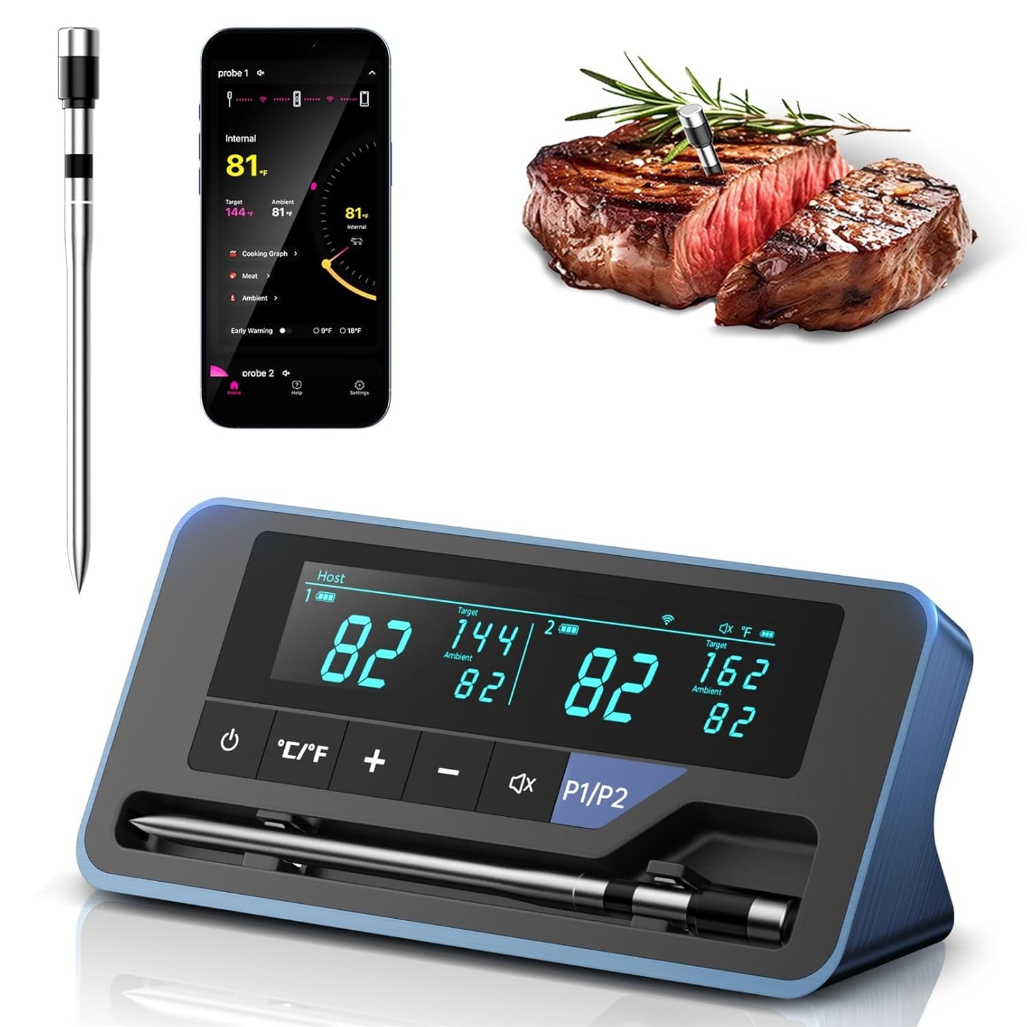 Alfolive 2025 AI Wireless Meat Thermometer, Smart Bluetooth Meat Thermometer Digital, ±0.5°F High Accuracy, Grill Temperature Probe for BBQ, Grilling, Smoker, Oven, Cooking, Air Fryer, 1 Probe