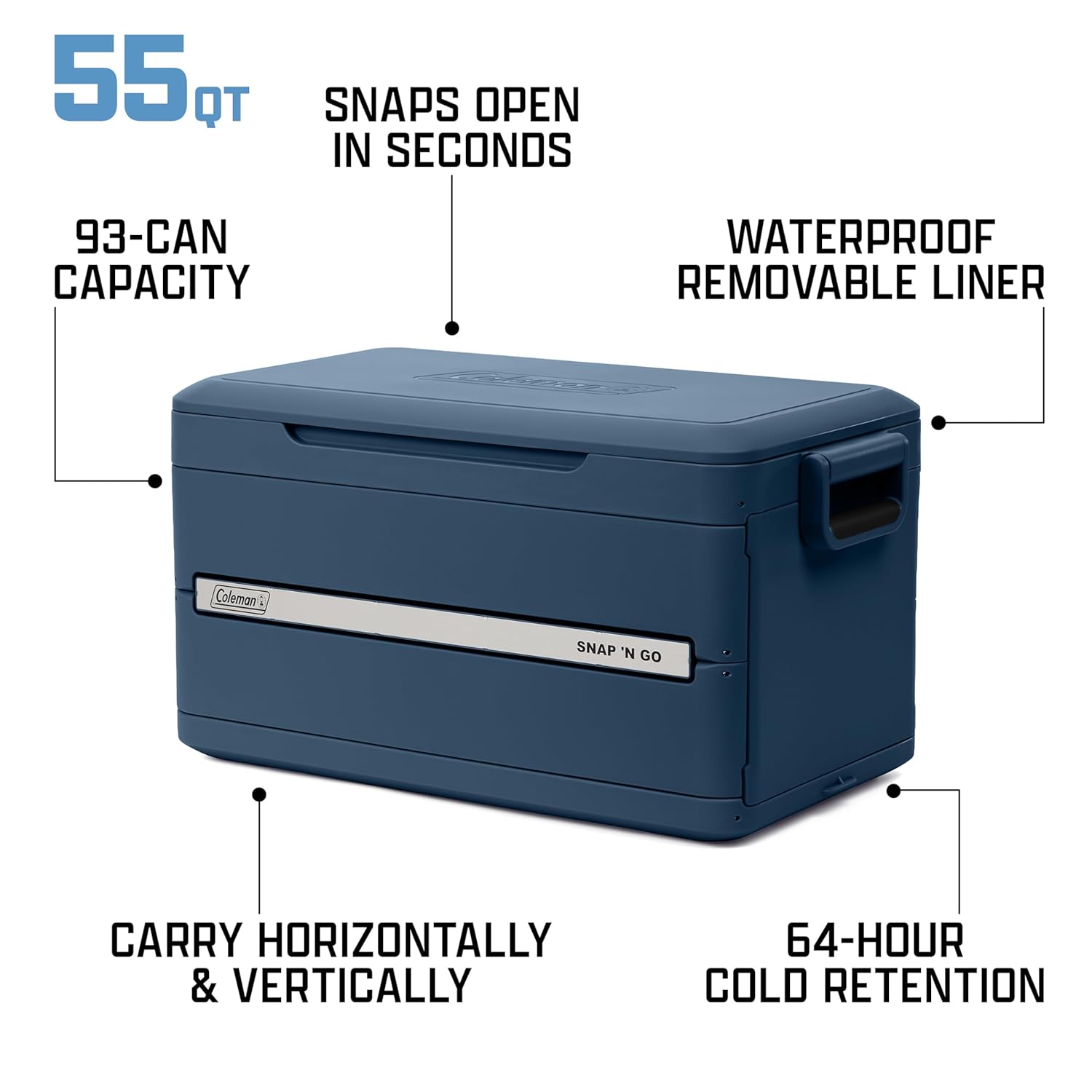 Coleman Snap 'N Go 55-Quart Collapsible Hard Cooler, Portable Hard-Sided Cooler with Waterproof Removable Liner, Space-Saving & Quick Set Up, 64 Hours Cold, Sapphire Blue