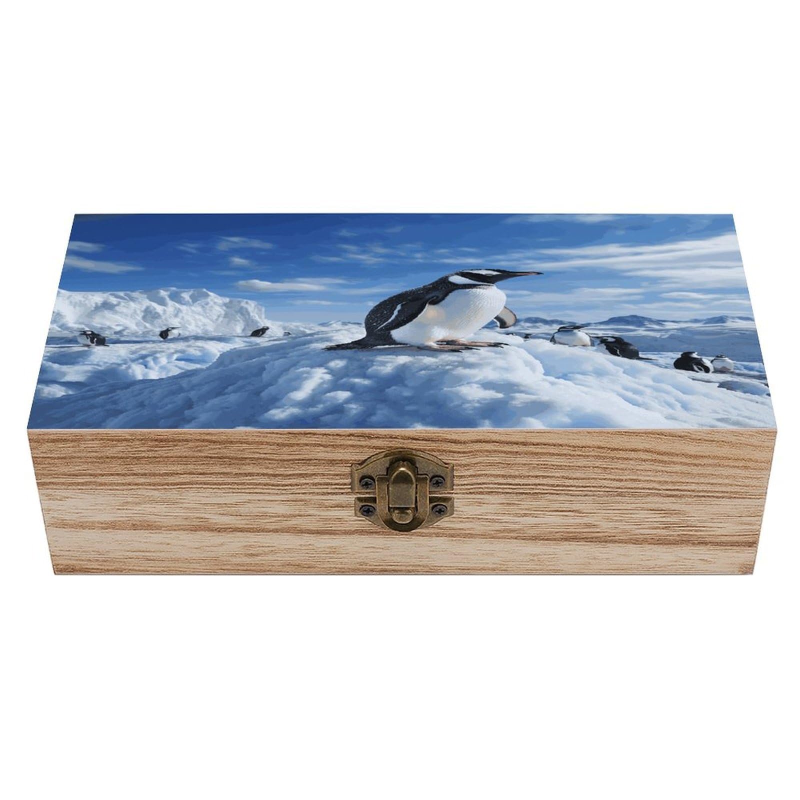 FekiLoot Snow Mountain Penguin Wooden Jewelry Box Personalized Wood Keepsake Box Large Decorative Wooden Storage Boxes with Hinged Lid Rustic Style Wood Jewelry Organizer for Desk Home Office
