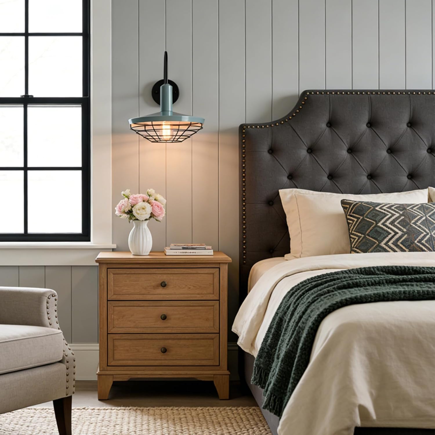 HOLKIRT Nordic Wall Sconce Lighter Green Modern 1-Light Gooseneck Sconce Lighting Dimmable Wall Mount Light Fixtures with Wire Caged Barn Shade for Kitchen Home Office Entryway