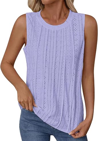 Casual Sleeveless Tank Tops for Women Summer Crew Neck Hollow Out Eyelet Vest Comfy Solid Color Pleated Shirts Blouse