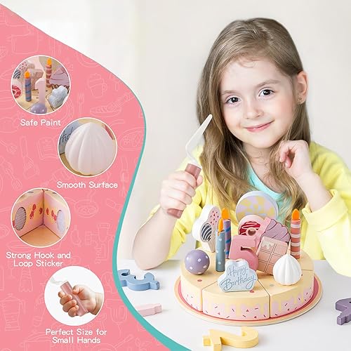 Miniatura 6 de Juguetes de pastel de fiesta de cumpleaños, juego de comida de madera para niños pequeños, juguetes de cocina para niños y niñas, juguetes educativos