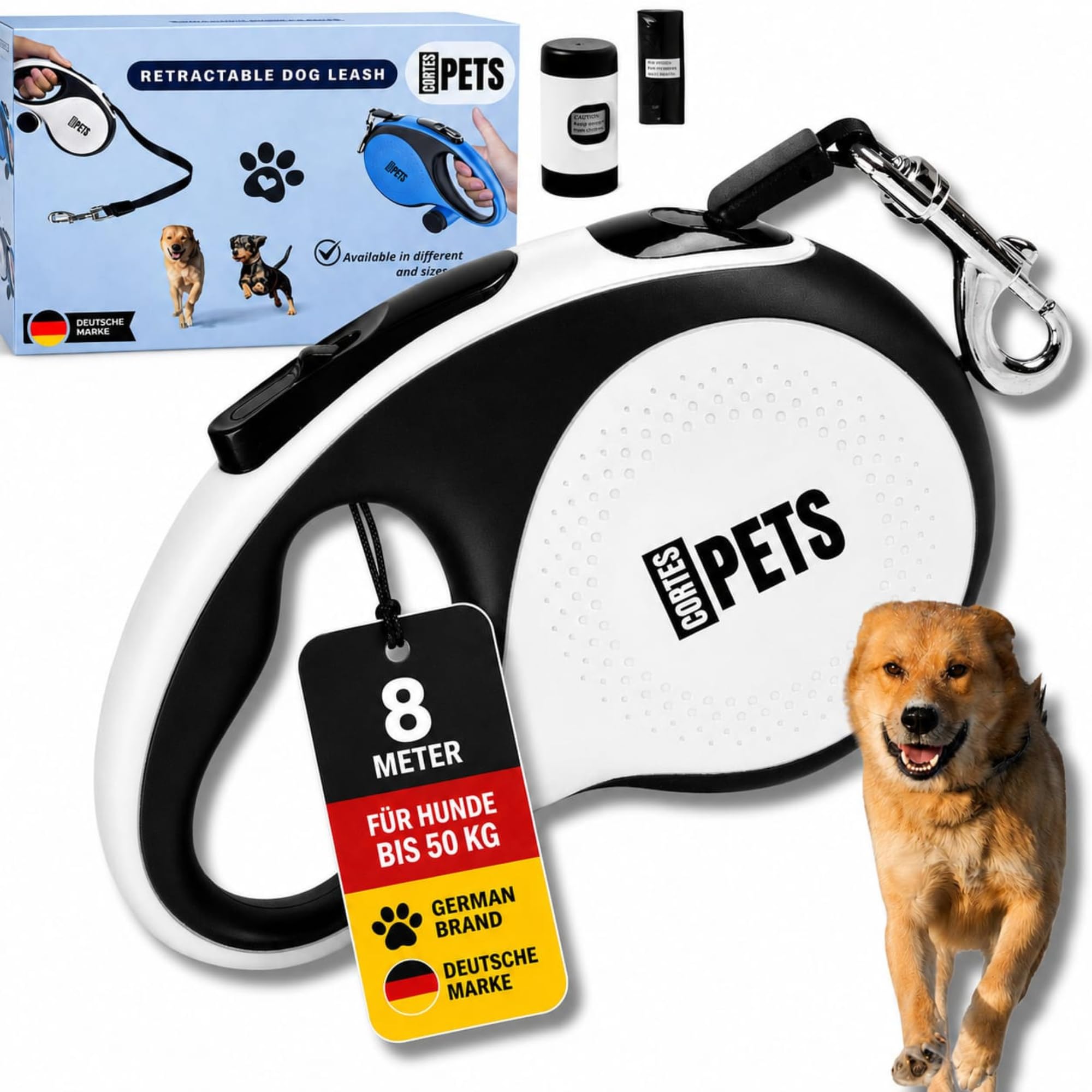 CORTES PETS extendable dog lead 8m with poop bag holder for large dogs & small dogs up to 50 kg. Strong dog lead, flexi leash, retractable dog leash 8 m with integrated waste bag holder. — image 1