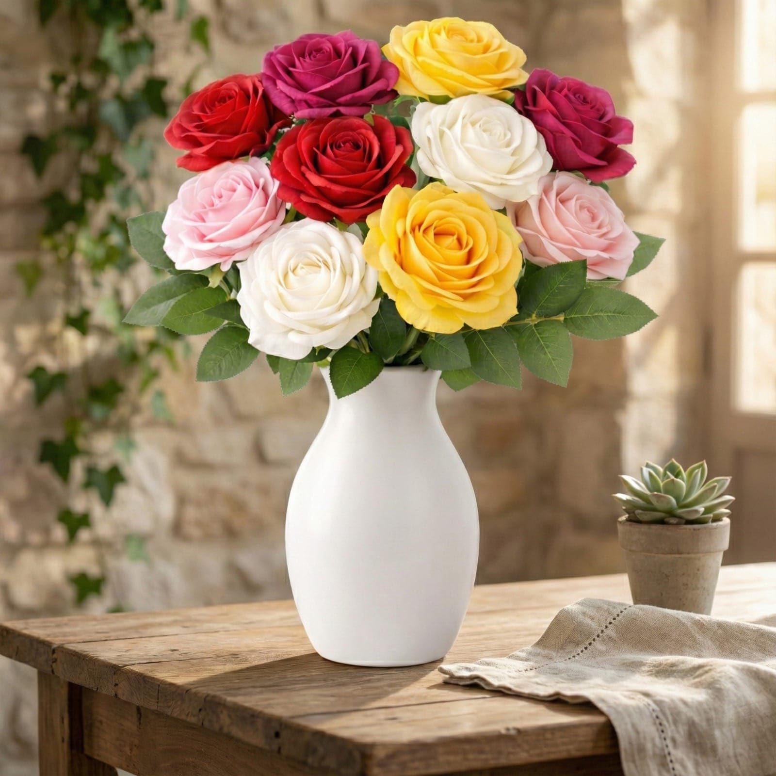 Dekorly Artificial Silk Rose Bouquet - 10 Long Stem Flowers -4 Dekorly Artificial Silk Rose Bouquet - 10 Long Stem Flowers -4