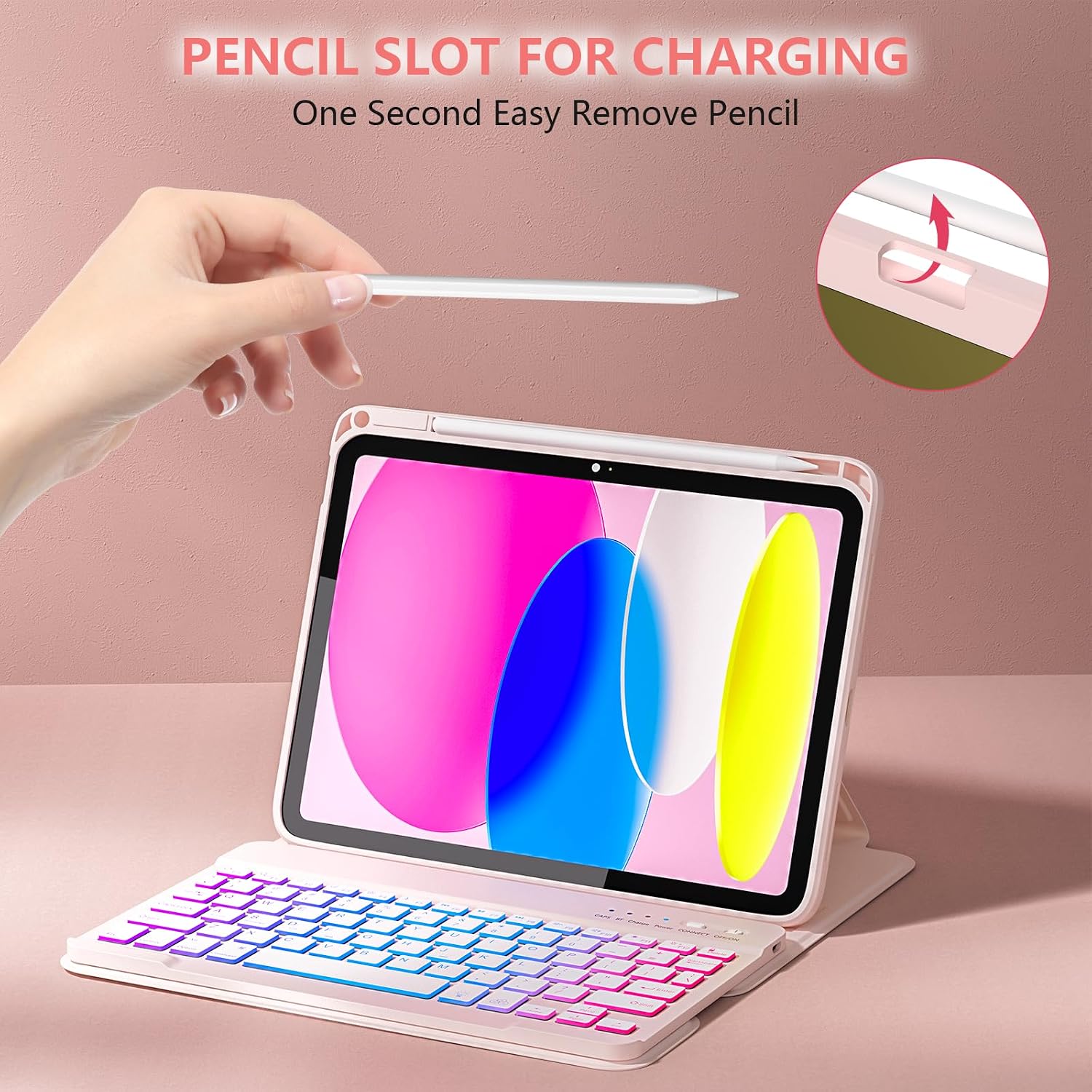 MMK for iPad A16 Case with Keyboard (2025), 7 Color Backlight | Removable keypad with Pencil Holder | 360 Degree | Rotating for iPad 10th Generation Case with Keyboard, Pink