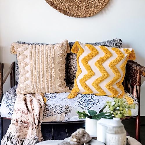 Miniatura 4 de Sharey Funda de almohada decorativa suave con cremallera de 18 x 18 pulgadas, funda de almohada bohemia, lujosa y cómoda, color crema