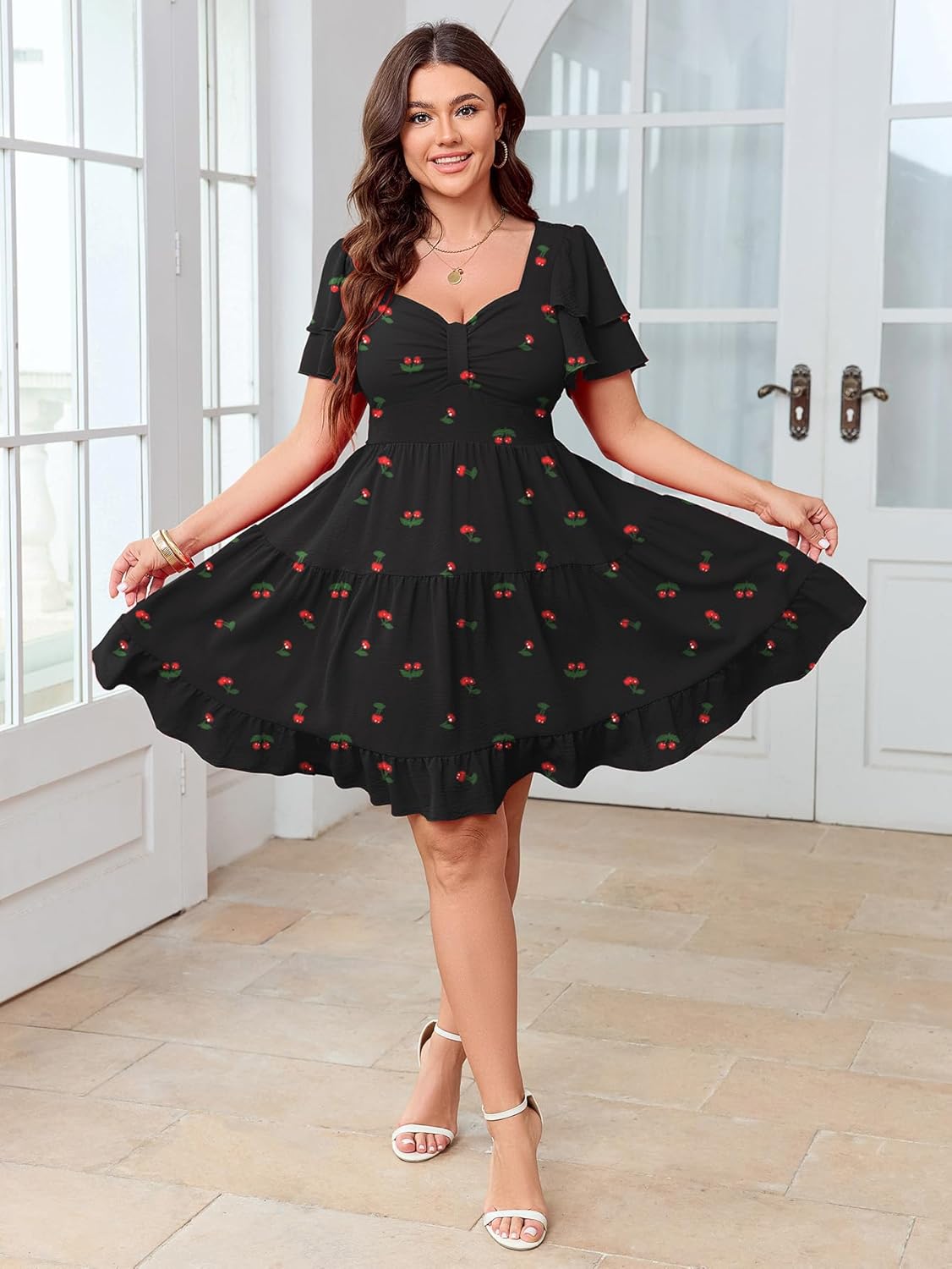 SCOMCHIC Women's Plus Size Summer Dresses Short Sleeve Sweetheart Neckline A Line Cocktail Boho Cute Mini Short Dress