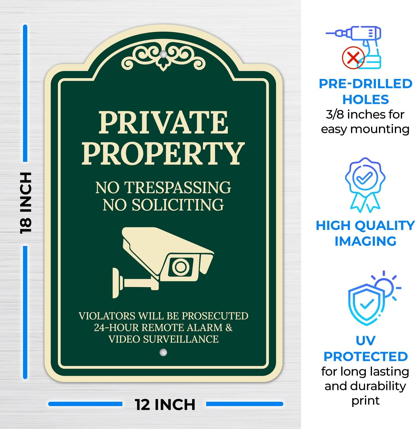 No Trespassing No Soliciting Violators Will Be Prosecuted 24 Hour Remote Décor Sign, Green Dark, 12x18 Inches, ACM, Fade Resistant, Made in USA