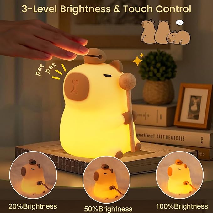 MOKYDUO Capybara Night Light, Nursery Lamp, 7-Color RGB & 3-Level Warm Dimmable, Tap Control, 30Min Timer, 100% Safe &Soft Silicone, Adorable, Soothing Ambiance, Gift for Kids, Zen, Wooden Fish photo 3