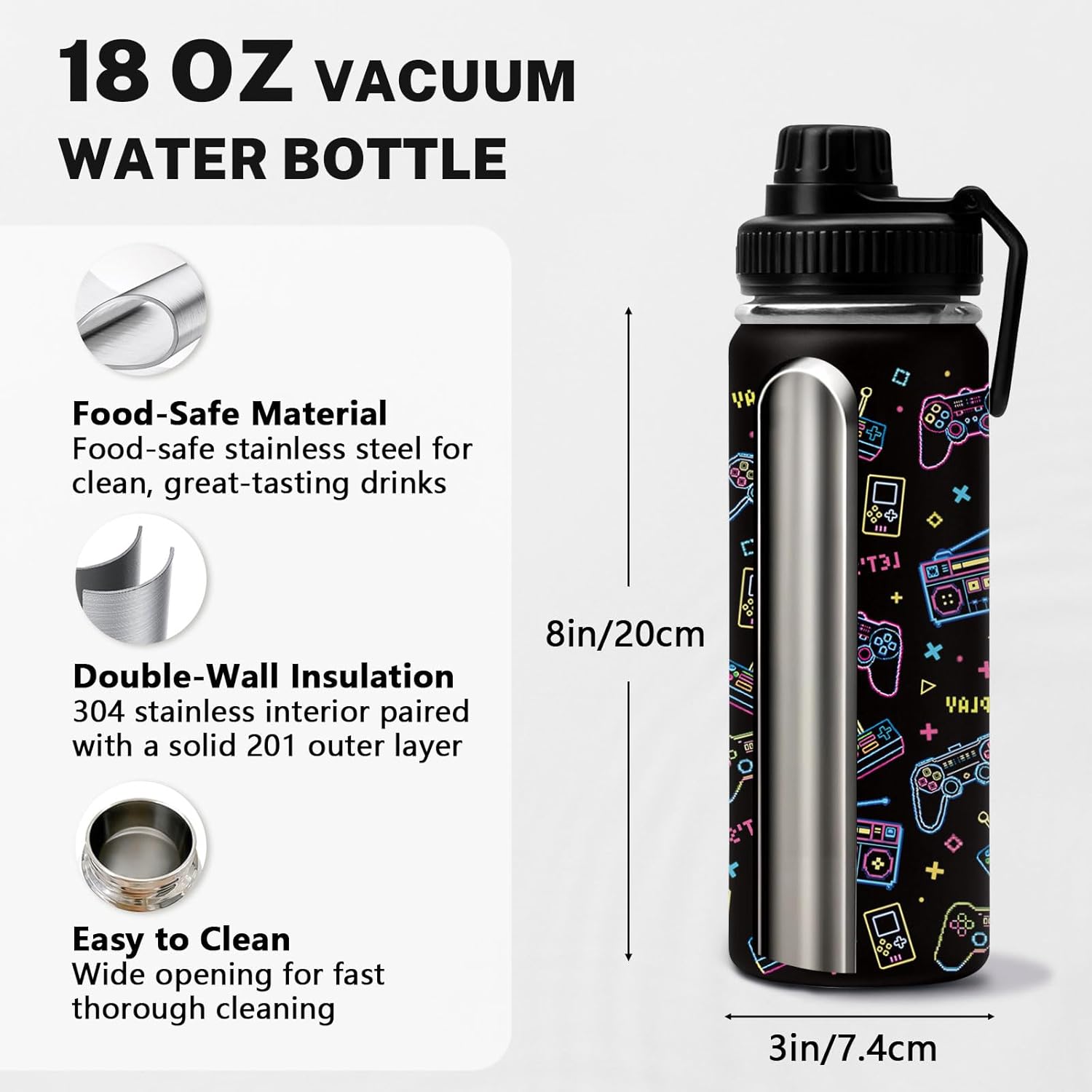 Game Water Bottle for Son, Stainless Steel Insulated Tumbler for Home with 2 Lids & Handle, Antislip Silicone Boot, 18oz Reusable Leak-Proof Bottle for Sports, 1 PCS - Image 5