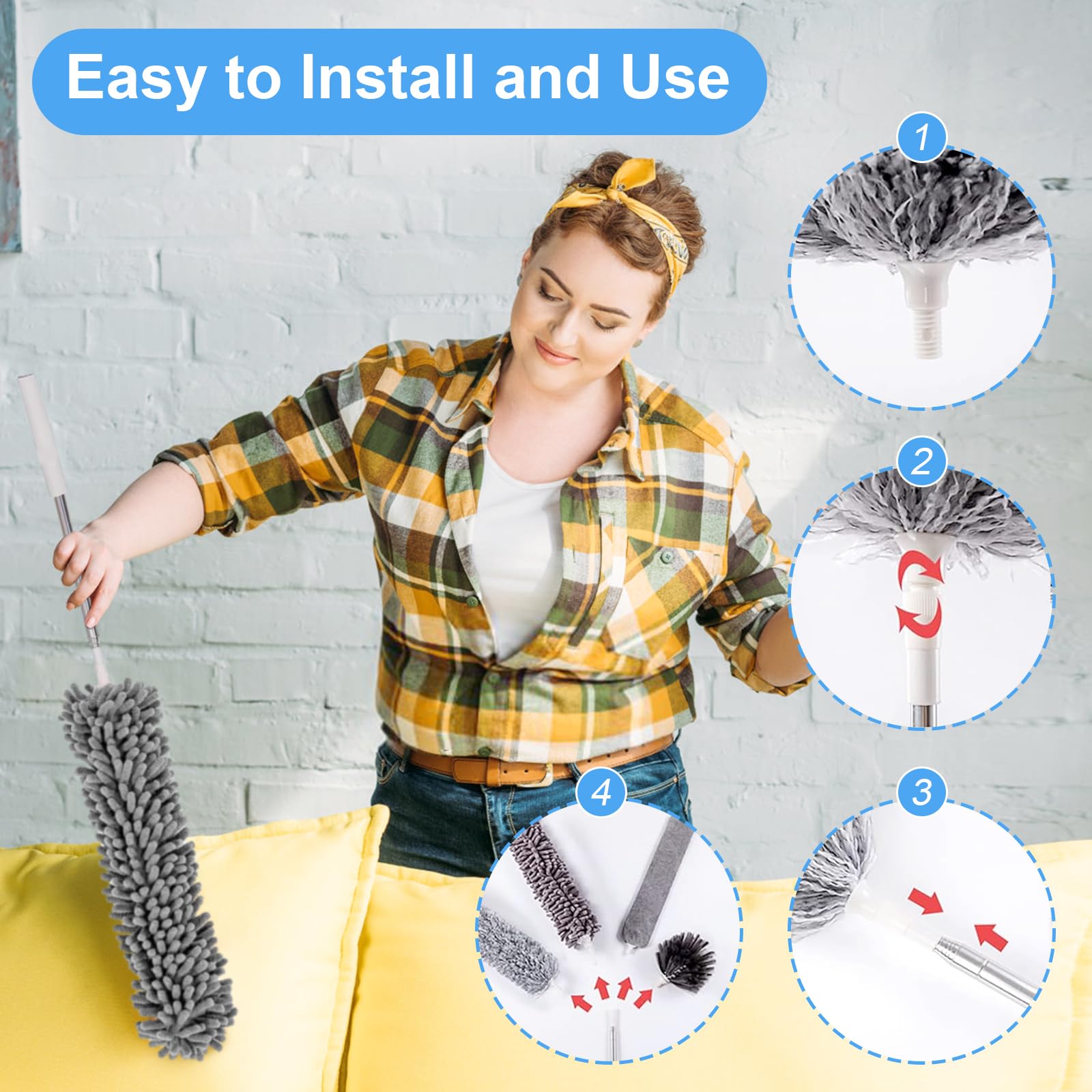 Plumero para limpieza 5 en 1, plumero de 100 pulgadas con poste de extensión, plumero extensible, plumero de microfibra para techos altos, muebles, persianas, pared, gris