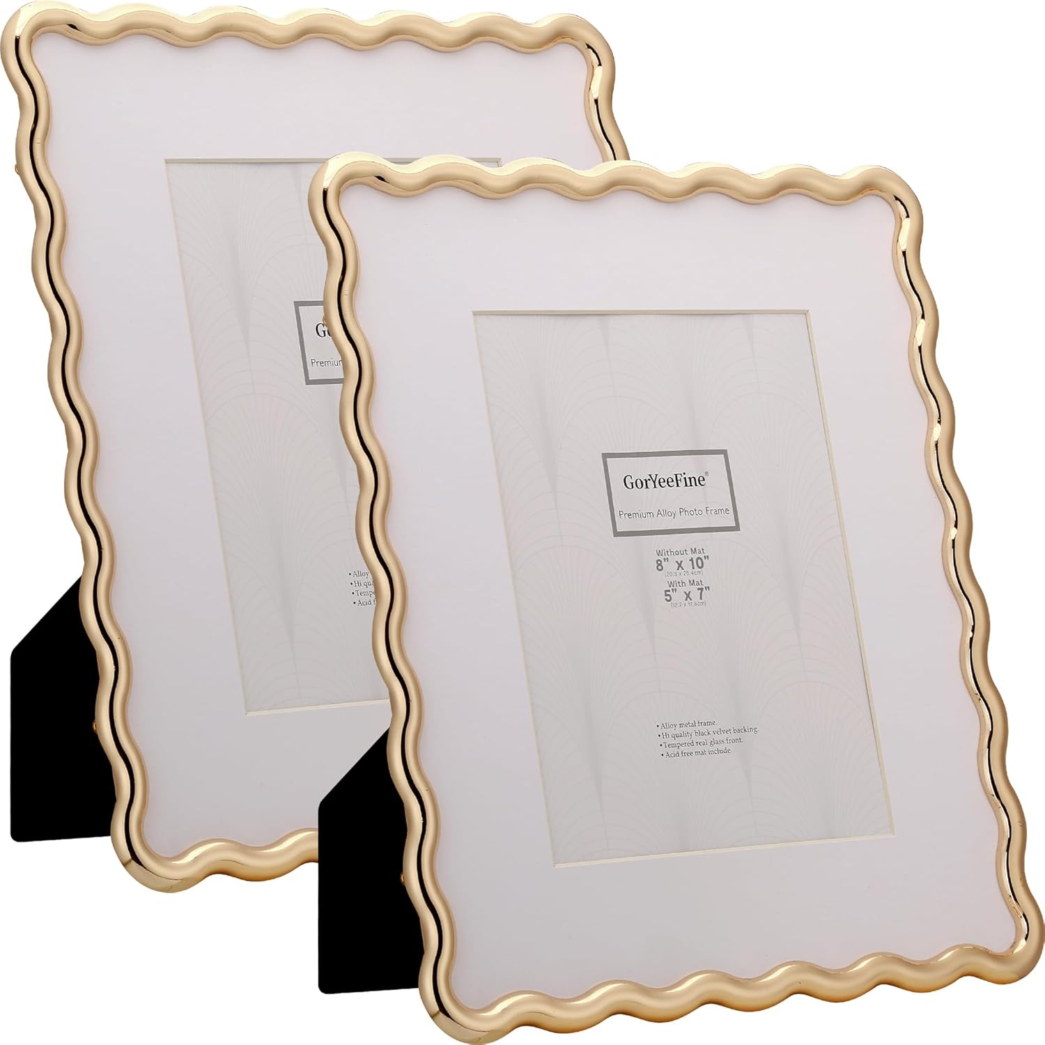 High-End Gold 8x10'‘ Heavy-Duty Zinc Alloy Picture Frames 2-Pack,with Acid-Free Mats for 5x7’',Unique Wave Design,with Soft Velvet Backing,for Desktop Display and Wall Hanging