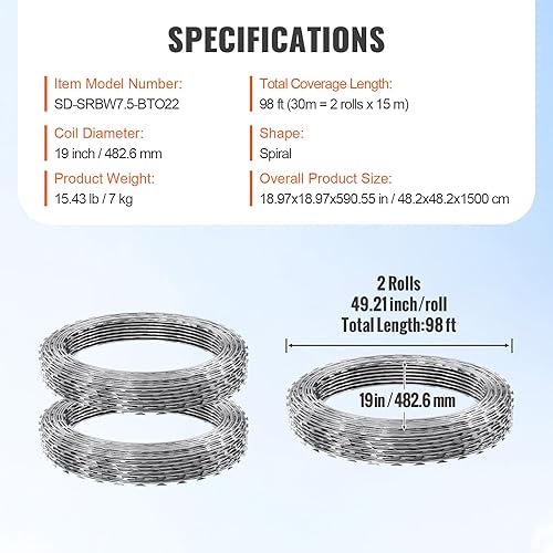 Miniatura 7 de VEVOR Alambres de maquinilla de afeitar, 98 pies de alambre de púas, 2 rollos de alambre de afeitar de esgrima cerca de maquinilla de afeitar,