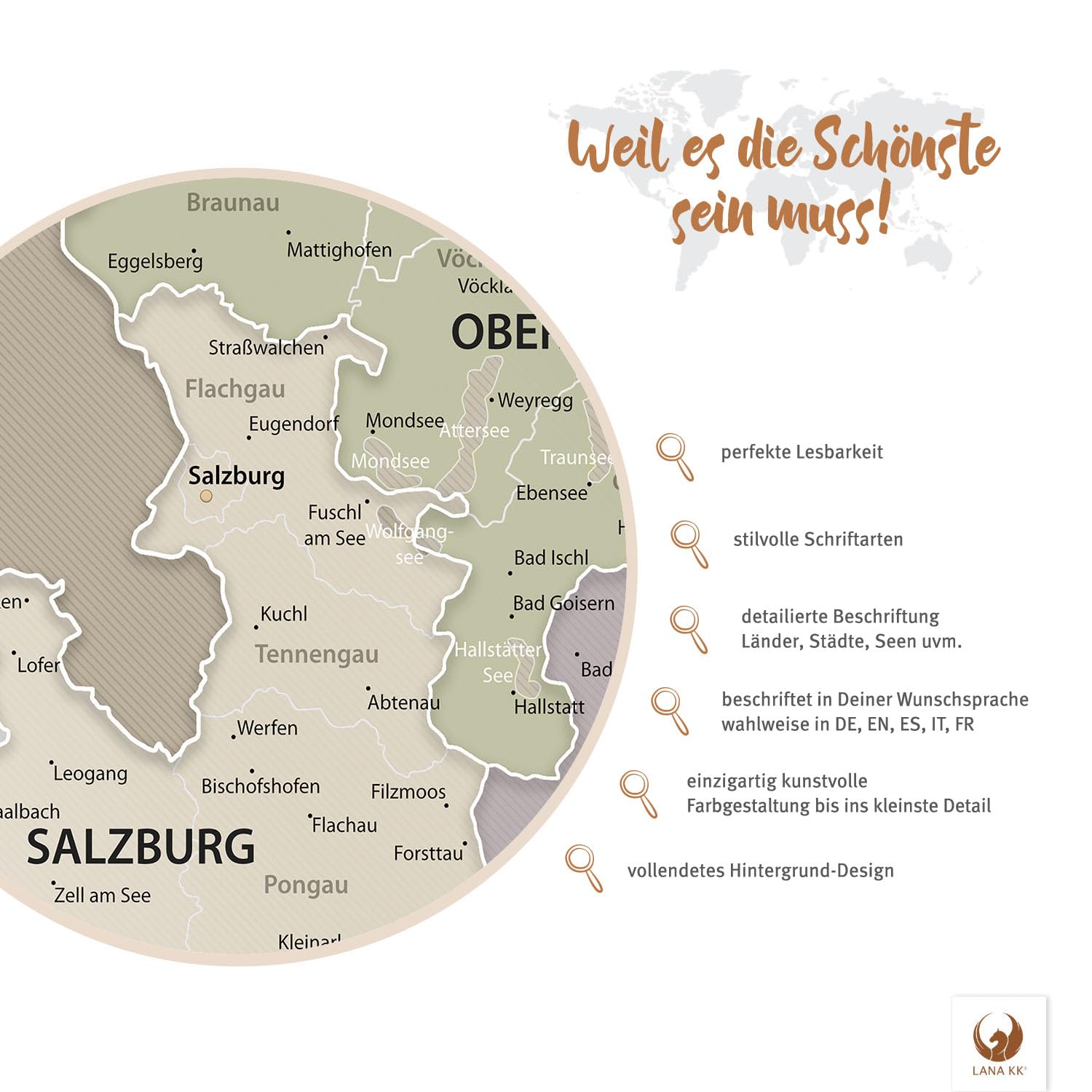 LANA KK - Premium Leinwandbild Österreichkarte - Grau Sand - Deutsch - in 80 x 60 cm, stabile Rückwand zum Pinnen inkl. Starterkit - Leinwand-Kunstdruck Wandbild Landkarte XXL