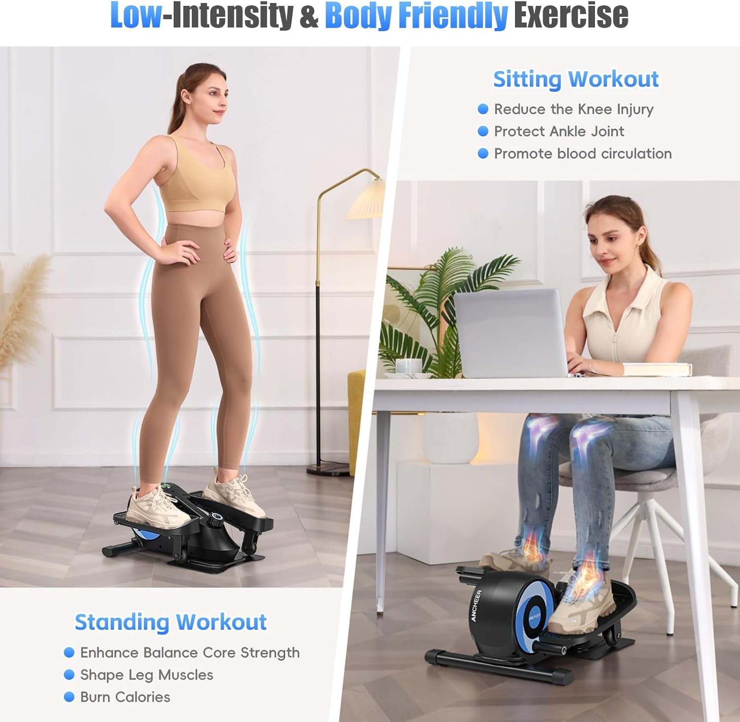 A woman performing a standing workout and a sitting workout with the ANCHEER Under Desk Elliptical.