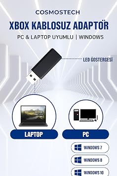 Xbox Kablosuz PC Adaptörü, Windows 7/8/8.1/10/11 Uyumlu, Xbox One X/S, Series X/S, Elite Series, Siyah