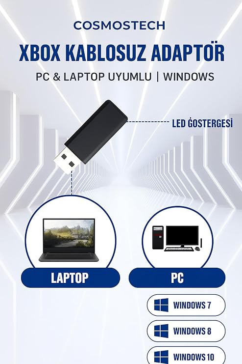 Xbox Kablosuz PC Adaptörü, Windows 7/8/8.1/10/11 Uyumlu, Xbox One X/S, Series X/S, Elite Series, Siyah