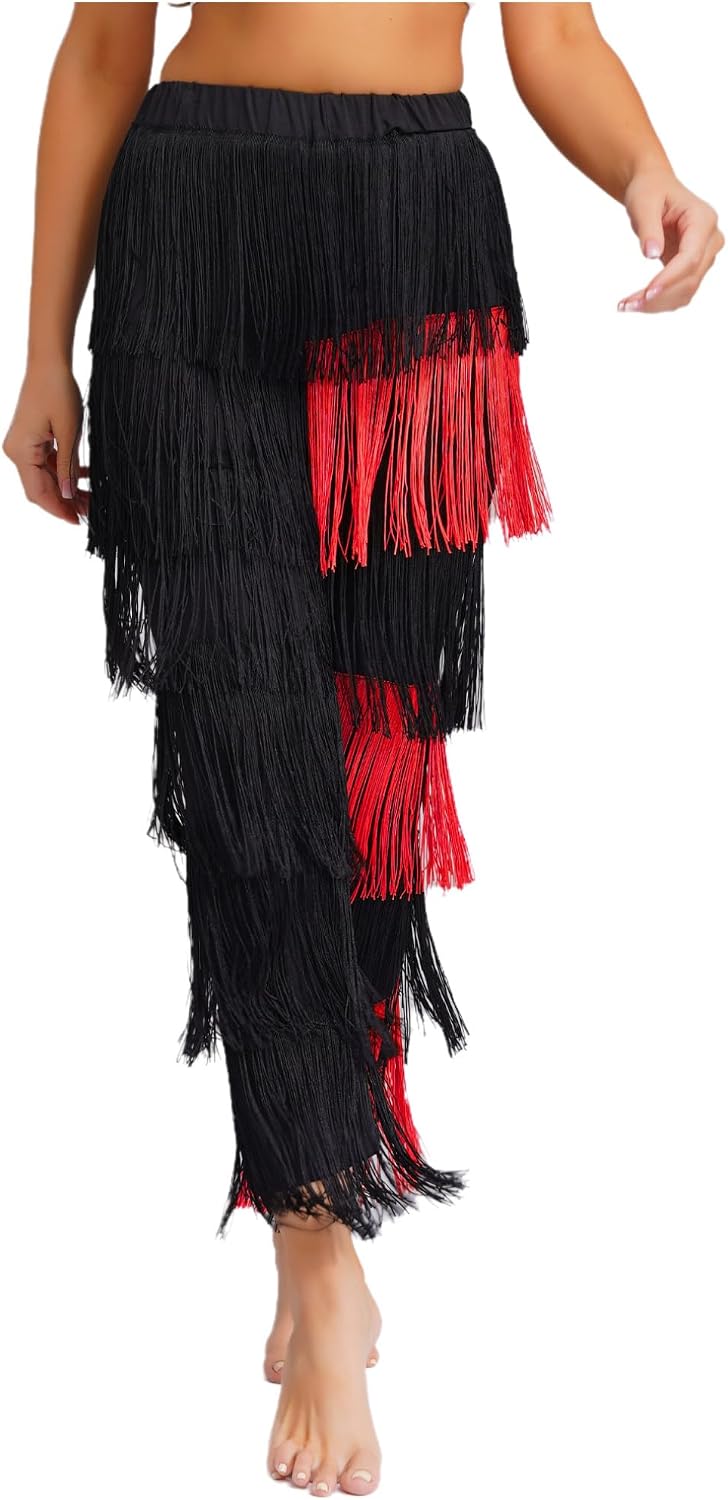 JEATHA Women Elastic Waist Latin Dance Pants Tassels Fringe Ballroom Tango Salsa Practice Performance Trousers