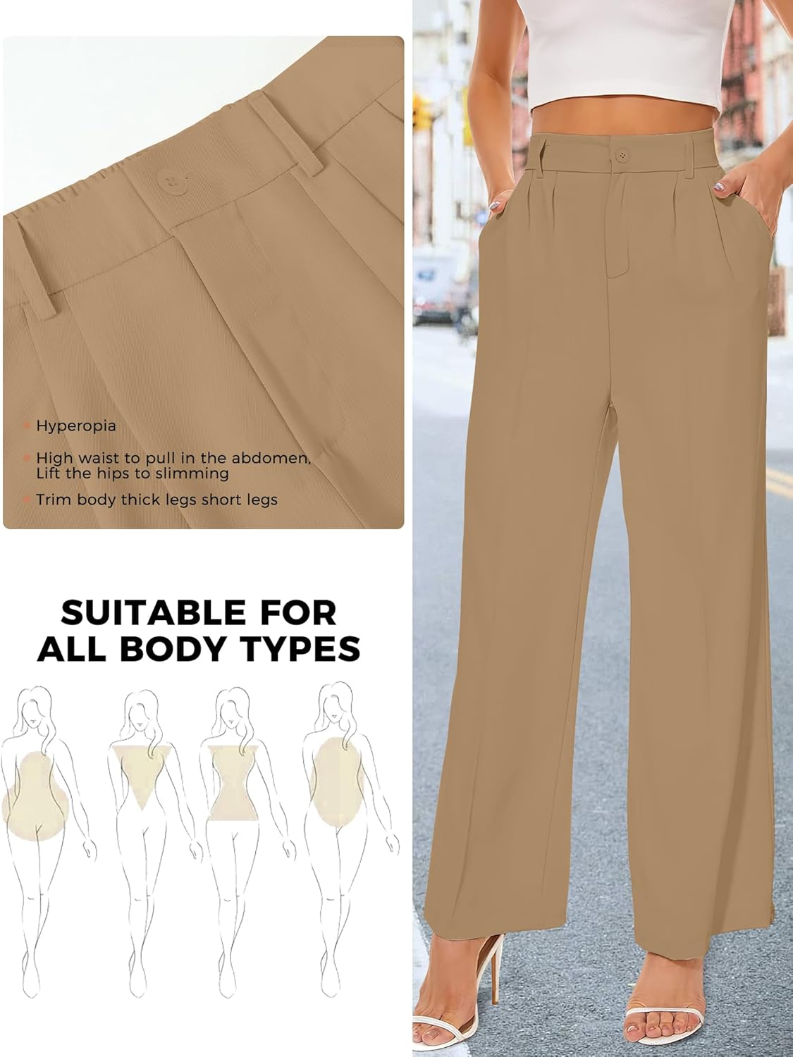 Buauty Straight Wide Leg Dress Pants for Women Khaki - Image 5