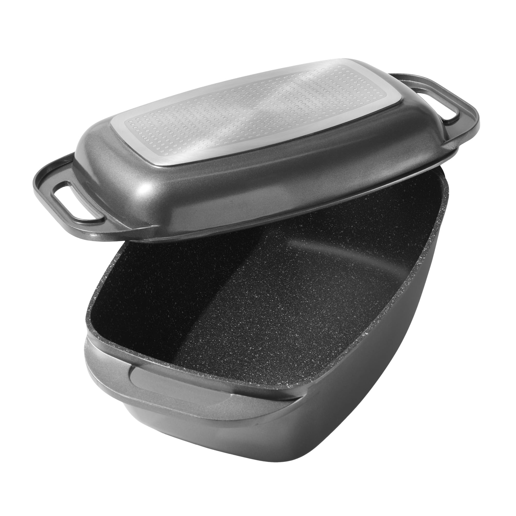 STONELINE Aluguss Bräter mit Deckel 43x26 cm, 8,4 L Bräter Induktion Backofengeeignet Für alle Herdarten, Deckel als Auflaufform verwendbar, Topf Antihaft Beschichtet mit echten Steinpartikeln, Grau