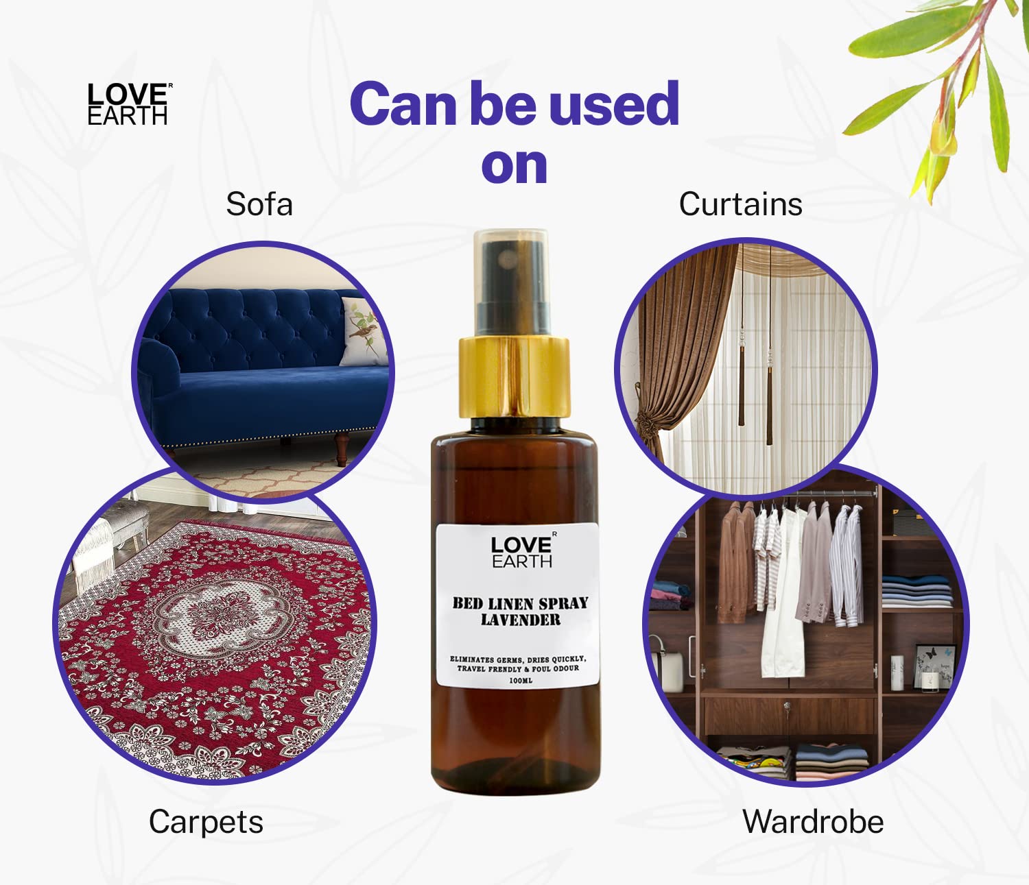 Love Earth Bed Linen Spray with Lavender & Tea Tree | Anti-Anxiety, Sleep Aid & Mood Enhancer | Anti-Bacterial Fabric Spray for Pillows, Bedsheets & Curtains | 100ml 4
