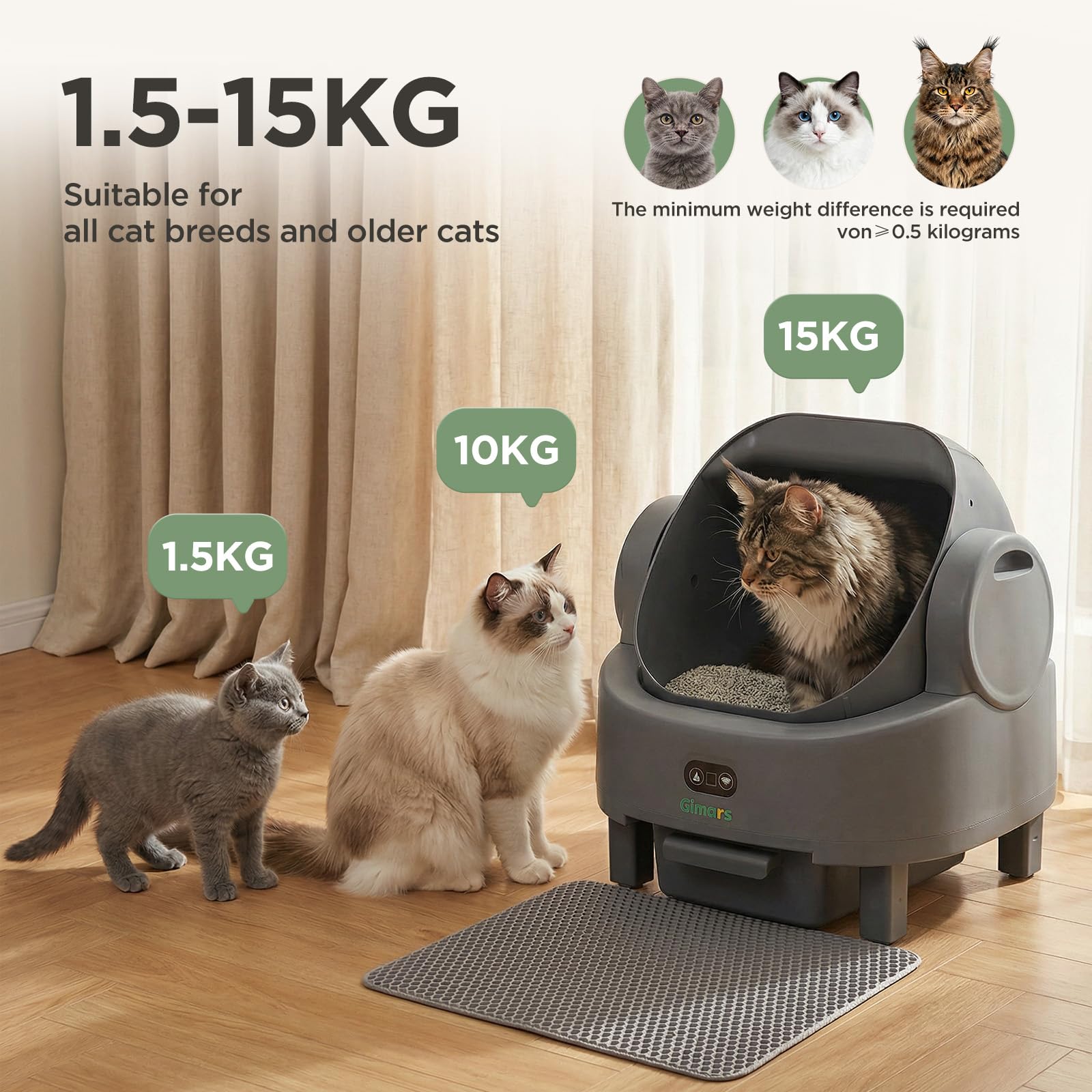 Gimars Open Top Design Self Cleaning Litter Box, Automatic Cat Litter Box for Multiple Cats & Senior Cats, App Control with Safety Sensors, Low Odor, Includes Trash Bags & Litter Mat - image 5