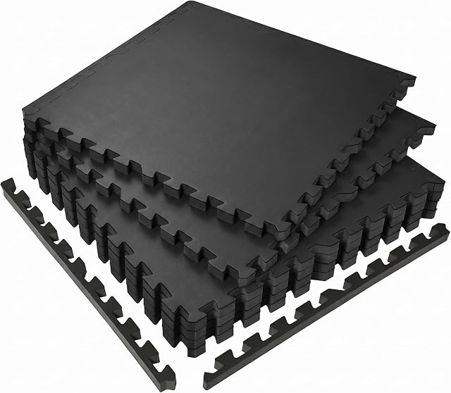 SUPERJARE 0.56'' Épaisseur 6 Pcs 24 Mats d'équipement d'entraînement haut en caoutchouc de Sq Ft, haute densité EVA Tapis en mousse avec dessus en caoutchouc, sol de gym enroulé pour salle de gym, tapis d'entraînement protecteur, noir
