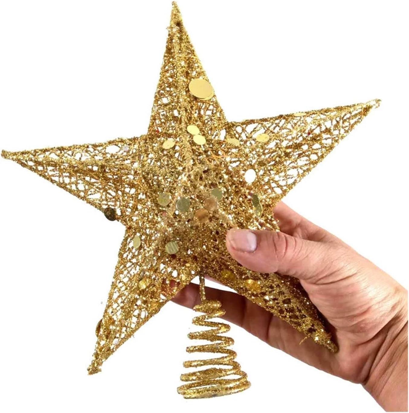 Glitter Grid Gold Star Christmas Tree Topper with Coil Wire Base Rustic Holiday Decoration for Indoor Trees Festive Xmas Decor(25cm)