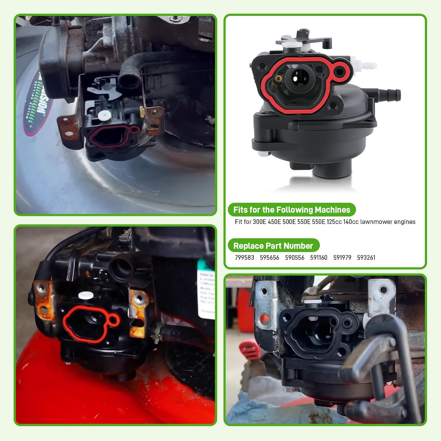 799583 Carburetor Parts for 300E 450E 500E 550E Series 08P502 09P602 125cc 140cc Lawnmower Engines Replace# 595656 590556 591979 593261, with 799579 Air Filter 595660 Cover