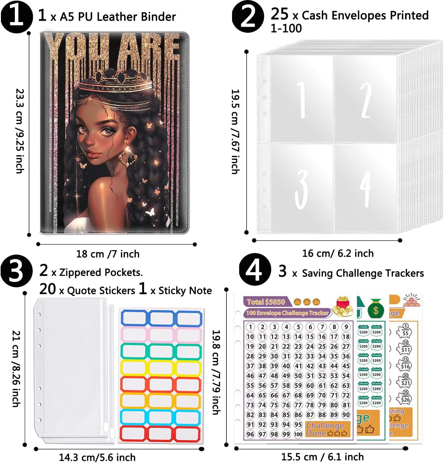 100 Envelopes Money Challenge, Budget Binder with Cash Envelopes, Motivational Process to Save $5050, A5 Saving Challenge Book - African American Afro Girl Inspirational Quotes