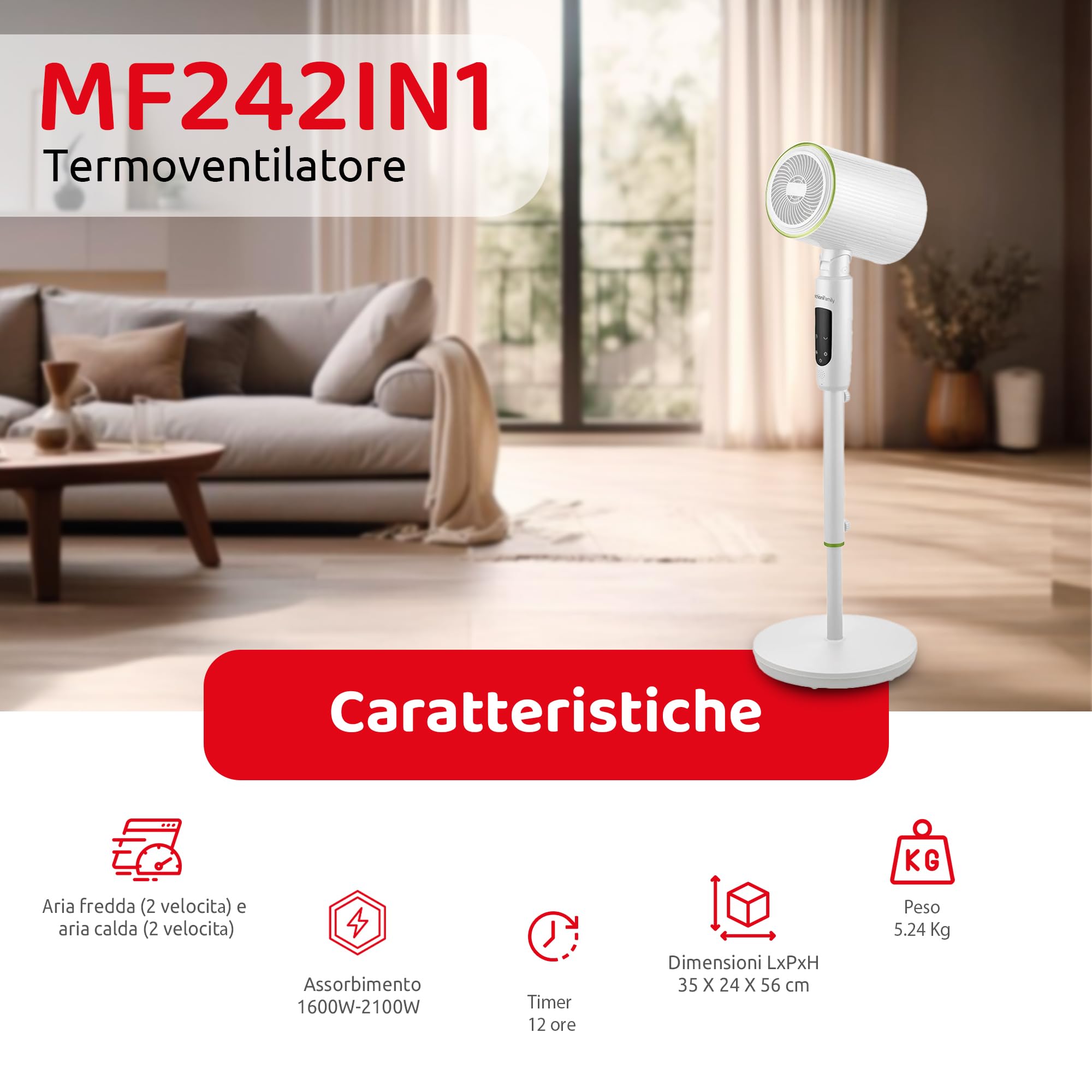 Melchioni Family | Termoventilatore da Terra con Telecomando, Funzione di Oscillazione e Up&Down, Regolabile, Ventilazione e Riscaldamento, Colore Bianco