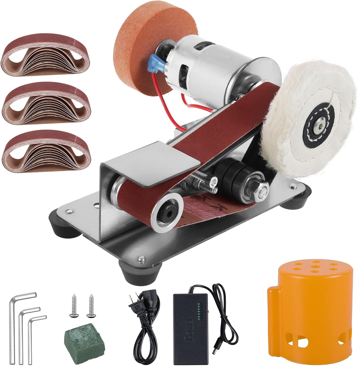 Mini Belt Sander Multifunctional Electric Belt Grinder 7 Adjustable Speed Electric Polishing Sharpener Machine Heavy Duty Stainless Steel Small Electric Sander with 30 Sanding Belt for Metal