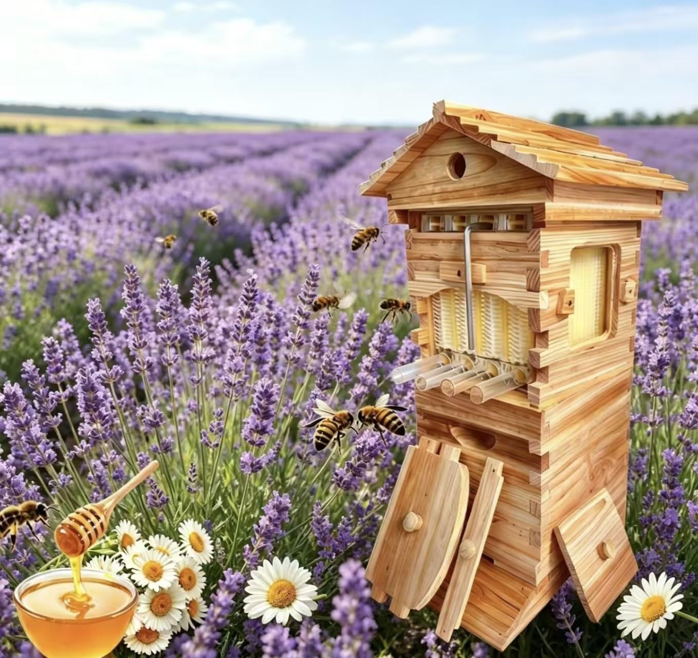forplubossmmp Self-Flowing Honey Bee Hive Starter Kit, Automatic Mini Wooden Flow Beehive Box With Observation Window, Perfect For Backyard Beekeeping Hobbyists