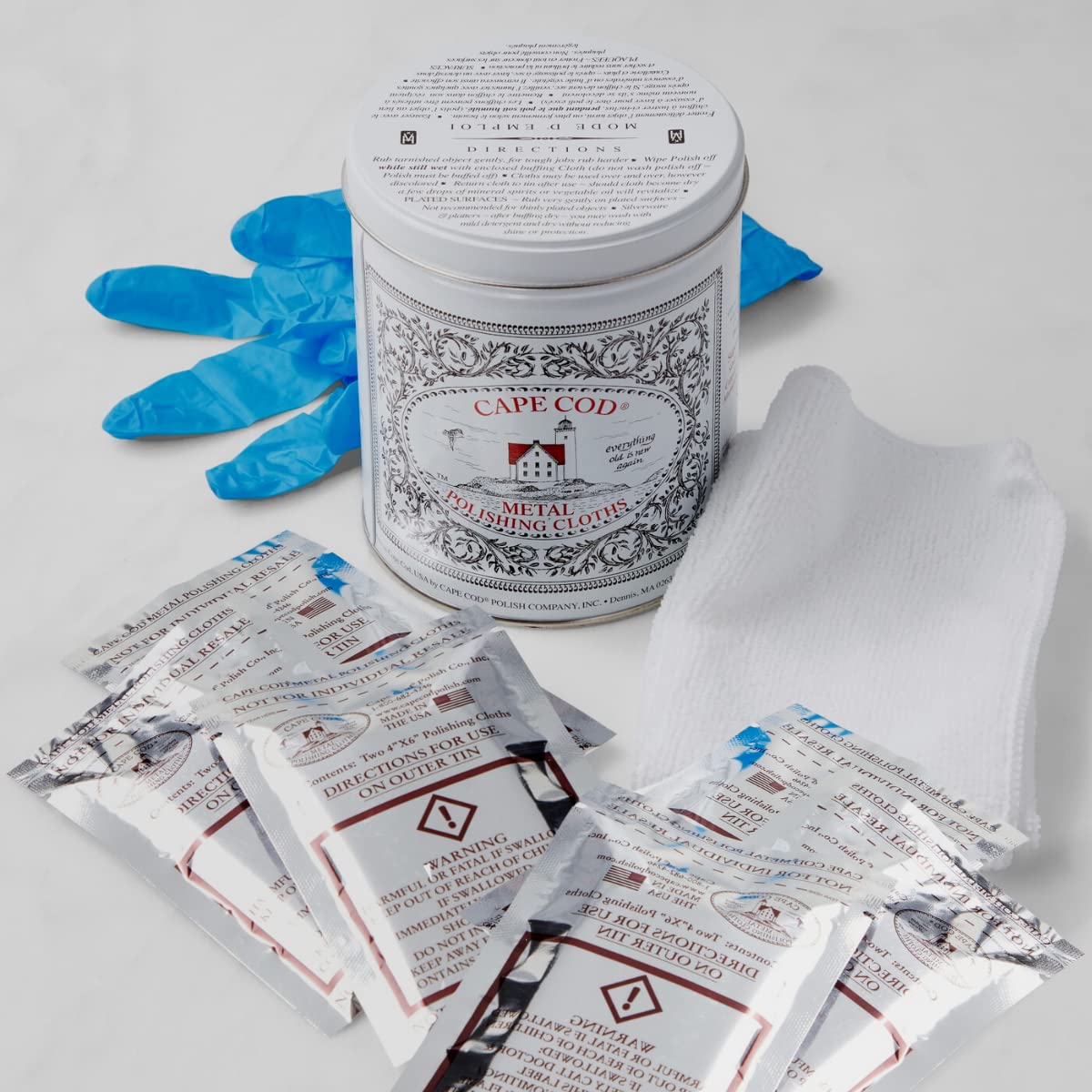 (Qty 3) of Cape Cod Polishing Metal Tin Bundle for Fine Metals | Each Tin Contains (12) 4X6 Polishing Cloths | (1) 12x12 Buffing Cloth | (1) Pair of Nitrile Gloves