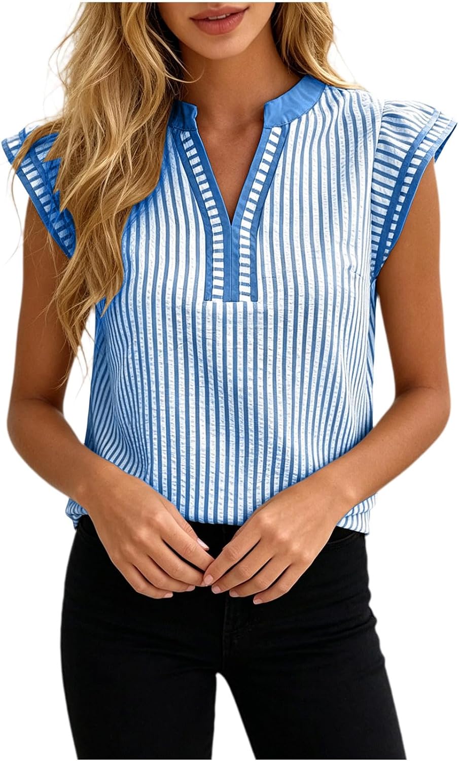 Womens Summer Tops V Neck Cap Short Sleeve Striped T Shirts Casual Dressy Outfits Loose Fit Boho Blouses