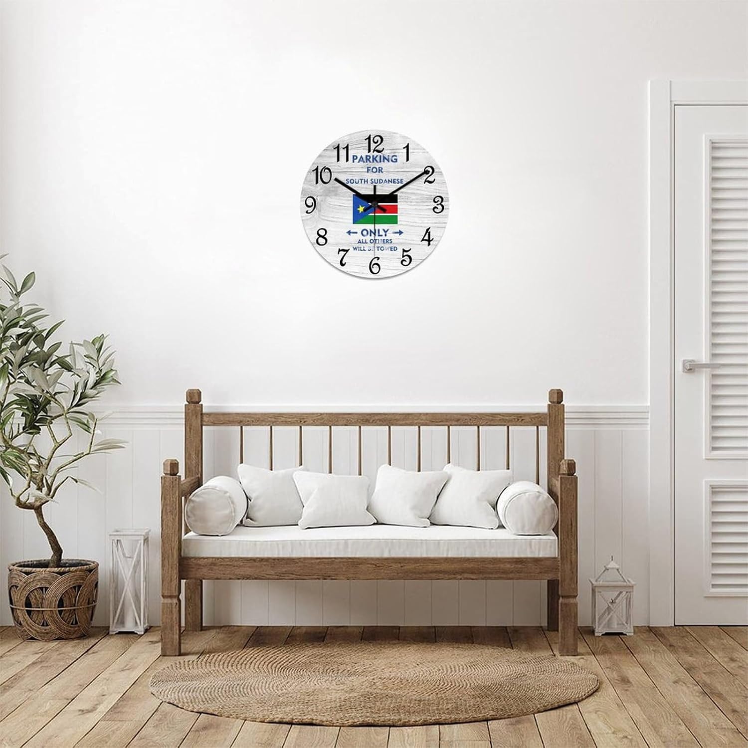 South Sudan Flag Wall Clock Wood Clock,parking for South Sudanese Only All Others Will Be Towed Round Wooden Clock Gifts Novelty Wall Clock for Home Kitchen Living Room Office 15 X 15 Inch