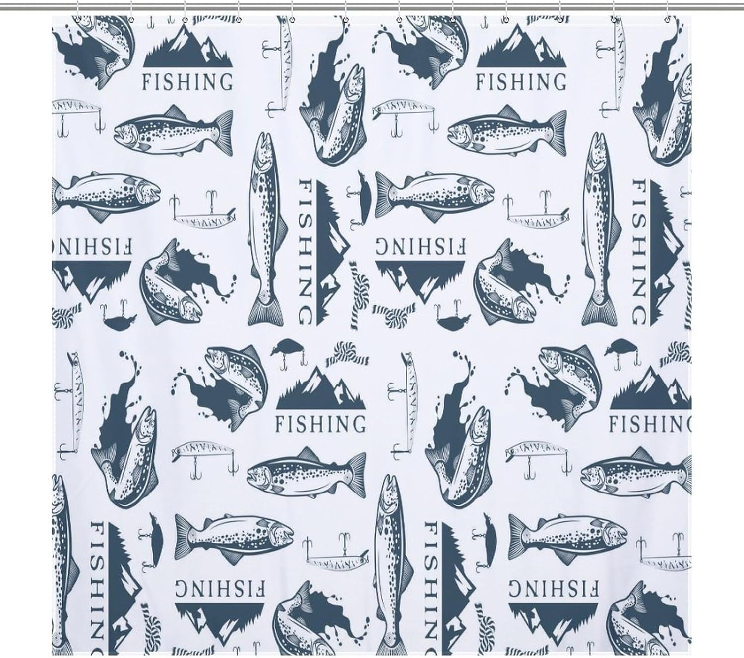 Fish Shower Curtains Nature Wildlife Forest Mountain Fishermen Illustration Print Pattern Bathroom Curtain Waterproof Polyester Fabric 72x72Inch (183x183cm)