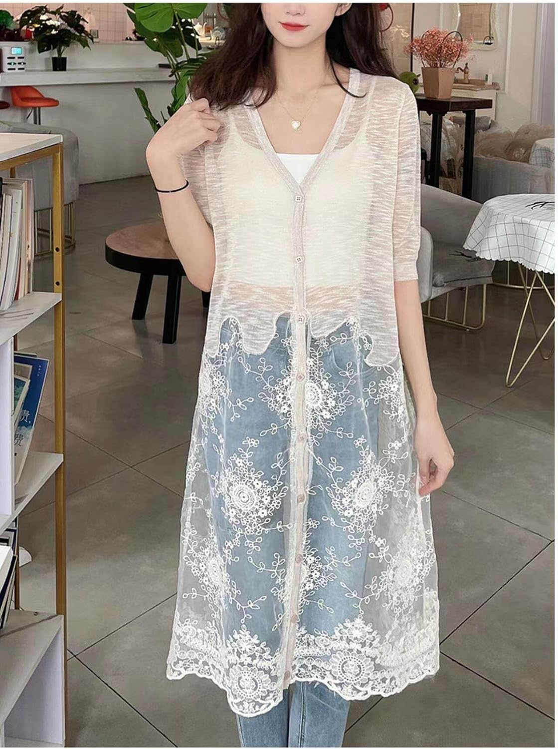 Women's Lace Patchwork Mid-length Cardigan Lightweight Breathable Knit Summer Sun Protection Cover Up, Button Down V-Neck Open Front Kimono Cardigan, One Size