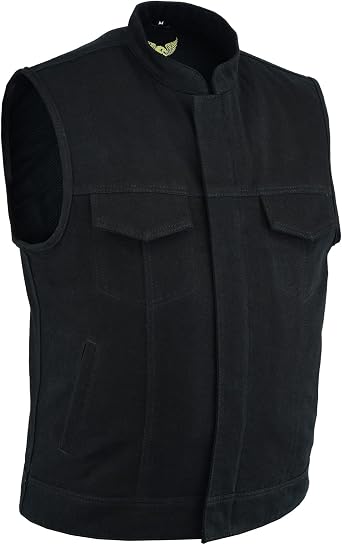 Leatherick Mens SOA Black Denim Motorcycle Vests Bikers Club Vest with Concealed Carry Pockets