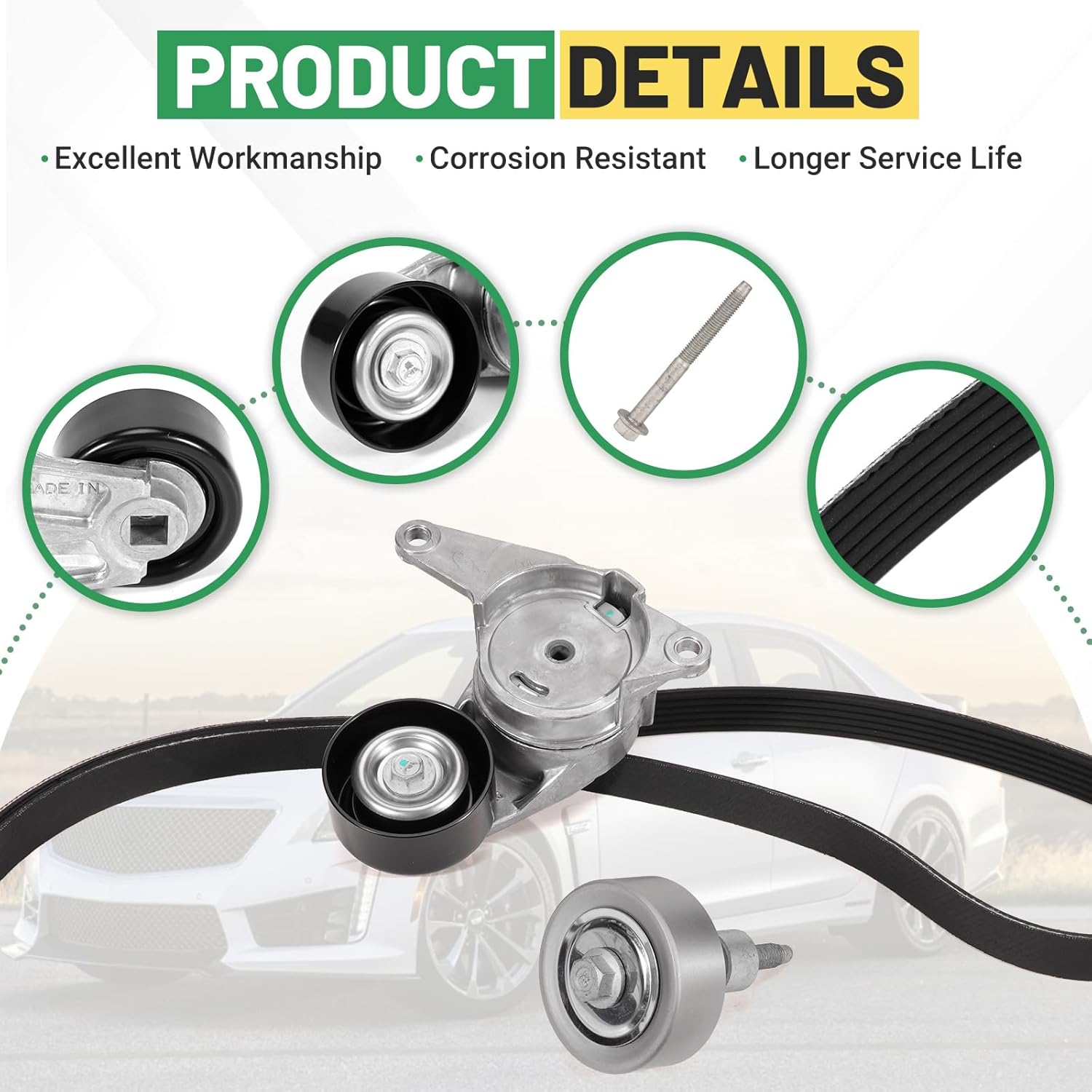 90K-38397B Serpentine Belt Kit w/Tensioner & Idler Pulley Compatible with Chevy GMC Buick Ca-dillac 3.6L V6 Engine | Fits Traverse 2009-2012, Acadia 2007-2012, Enclave 2008-2012, XTS 2013-2018