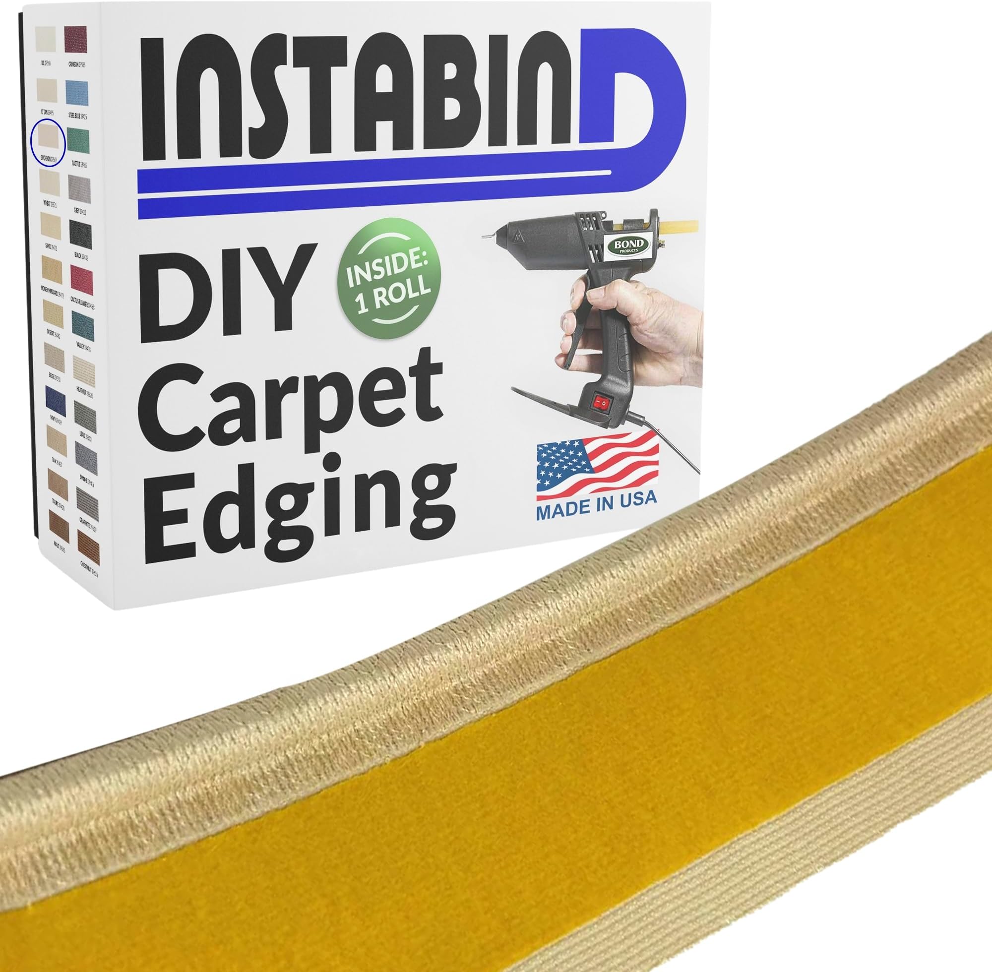 Instabind 54 ft Roll Premium Carpet Edge Binding – Regular Style Carpet Edge Trim - Do-It-Yourself Glue On Rug Edging - Durable & Easy Finishing for Rug Edges - USA Made Flooring Products, Buckskin