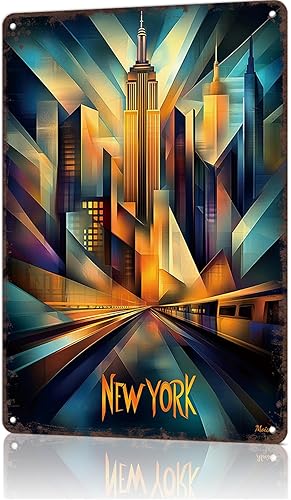 Miniatura 1 de New York Dynamic Cubism - Letrero de metal con diseño geométrico moderno y geométrico de paisaje urbano vintage, carteles de estaño retro para