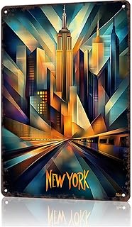 New York Dynamic Cubism – Modern Geometric Skyline Vintage City Landscape Metal Tin Sign, Retro Travel Tin Signs Posters For Man Cave Bar Garage Car Room Streets Wall Decor 8 X 12 Inch