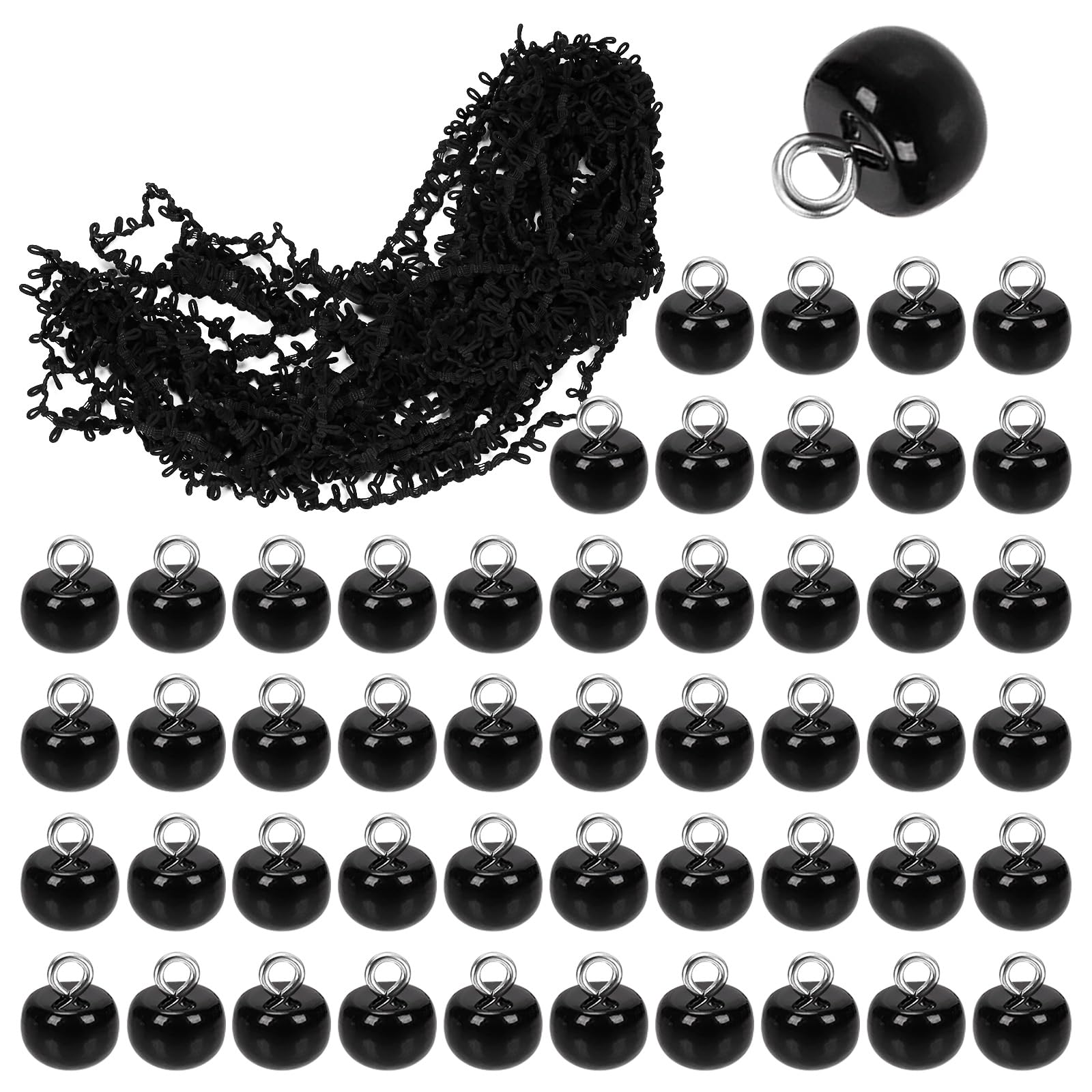 Swpeet 20 Yard Black Nylon Braid Trim with Elastic Button Loop and 50Pcs Half Domed Pearl Buttons Kit, Elastic Cord with Buttonhole for General Use Costume Crafts