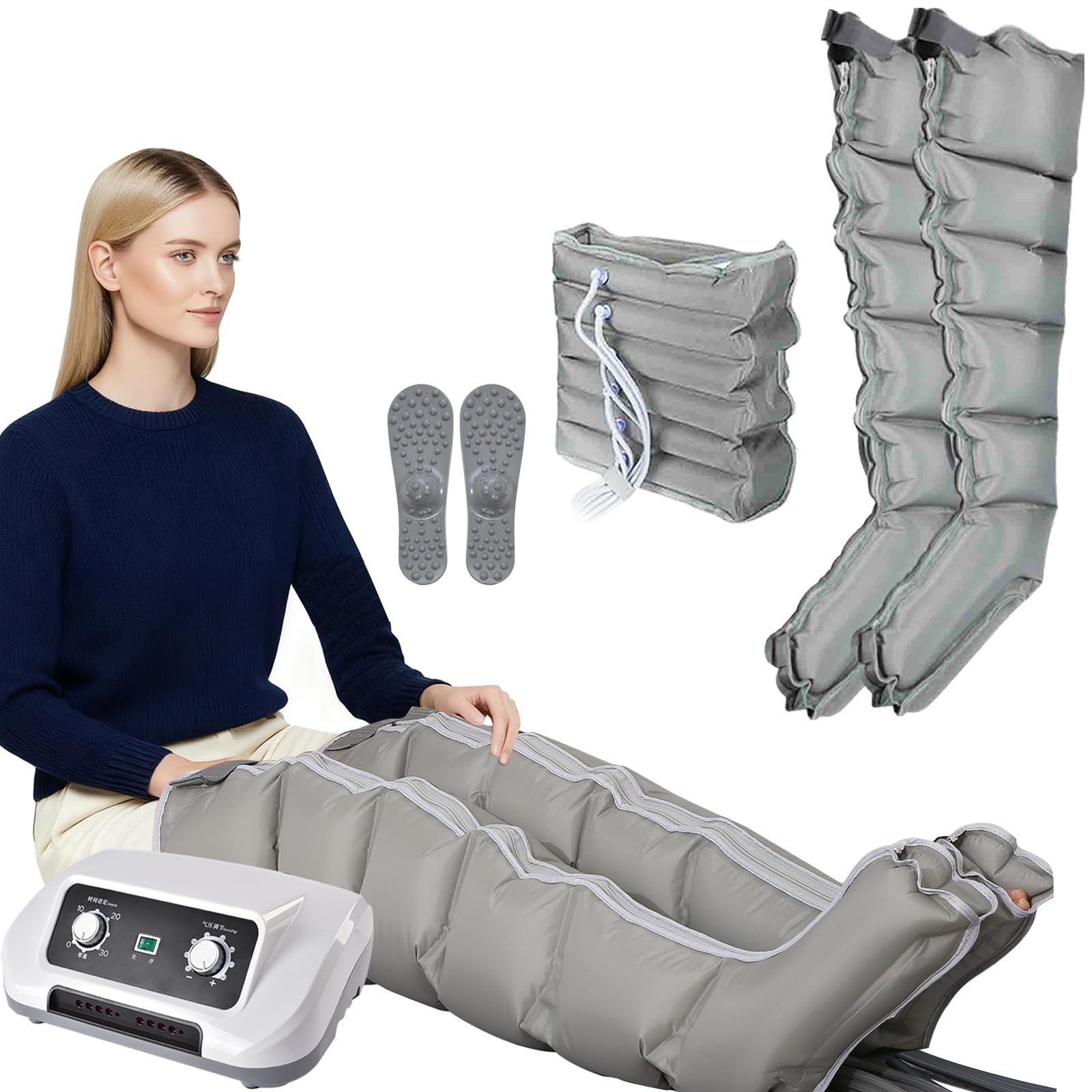 Botas Presoterapia Para Casa Abdomen Y Piernas, Maquina Presoterapia Pierna Y Abdomens Profesional, 6 Camaras Drenaje Linfatico Pierna Cansadas Circulacion (Gris, 2 Piernas + 1 Abdomen)
