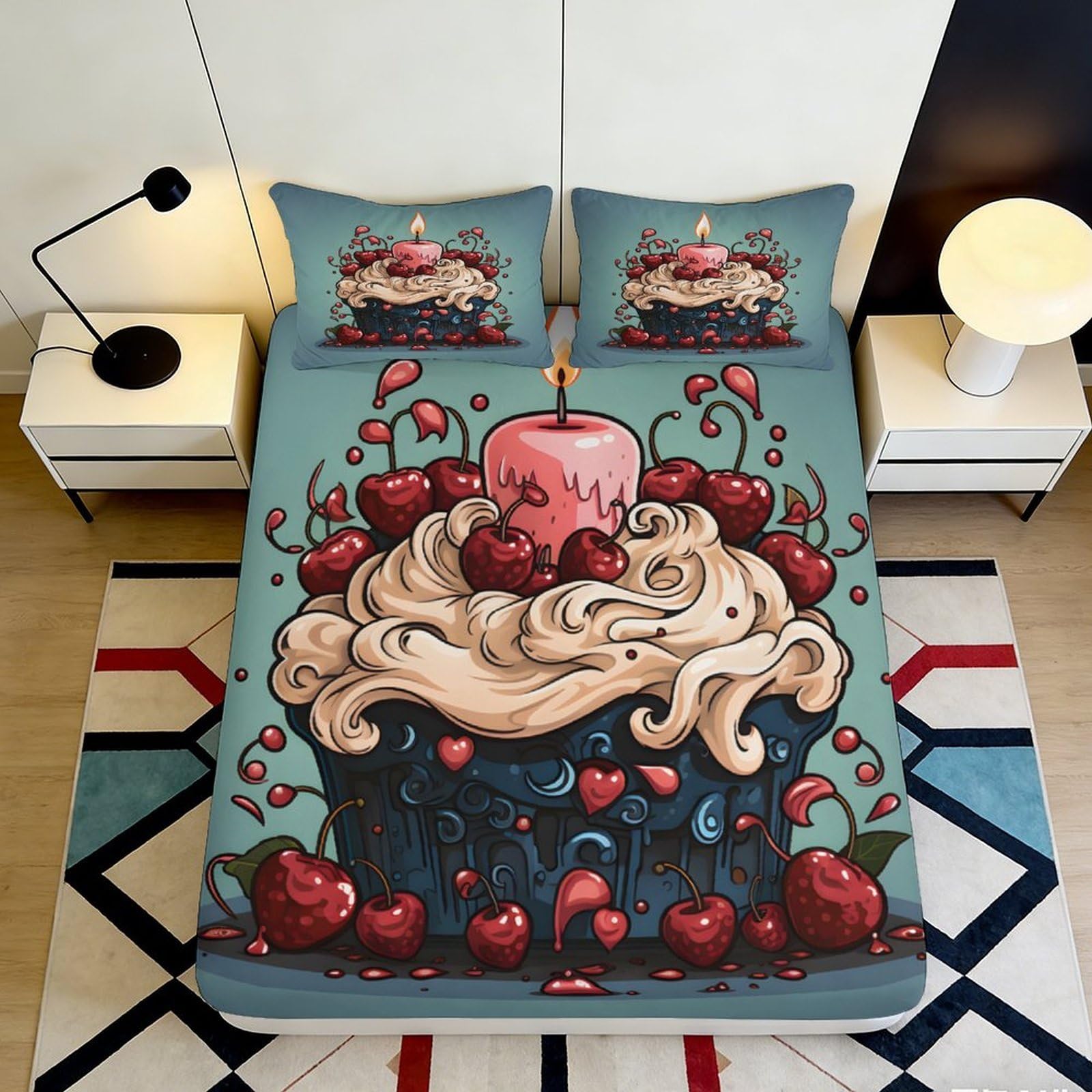 Dhbaneiok Style-10 3D Printed Cupcake Cherry Fitted Sheet Microfiber Soft Bedroom Decor Sweet Candle Mattress Cover For Home Dorm 90X200x25cm