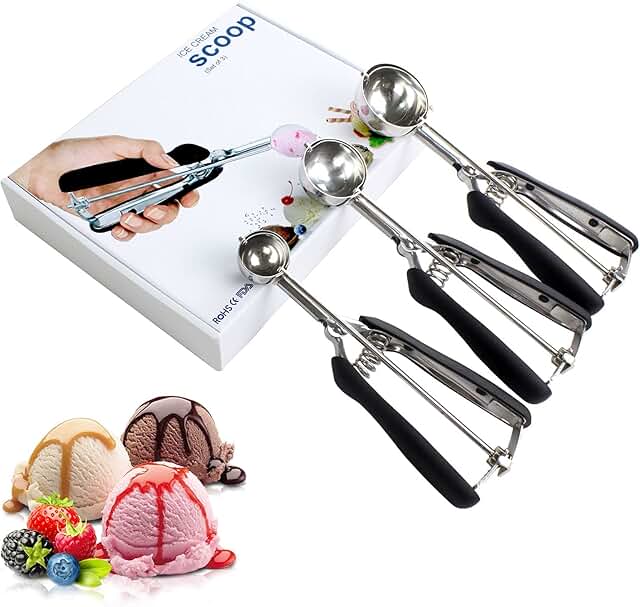 Ice Cream Cookie Scoop Set of 3, Melon Baller Scoop Anti-Freeze Handle Stainless Steel Scooper with Trigger, Spring Loaded...