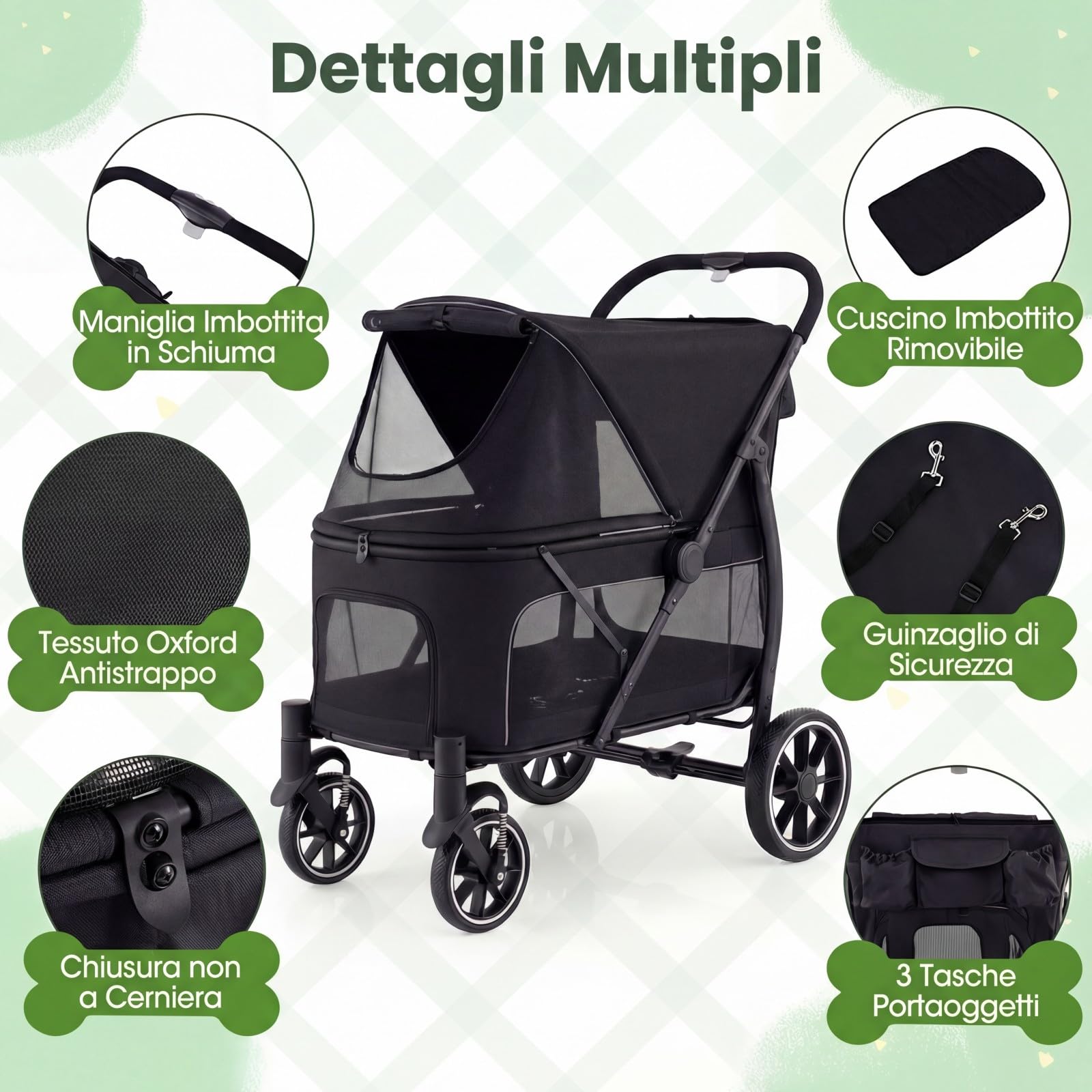 COSTWAY Passeggino Pieghevole per Cani, Carrozzina per Cani Fino a 40 kg con Entrata Bassa, Finestra Regolabile in Rete, Tasche Portaoggetti e Cintura di Sicurezza per Animali Tutte le Taglie (Nero)
