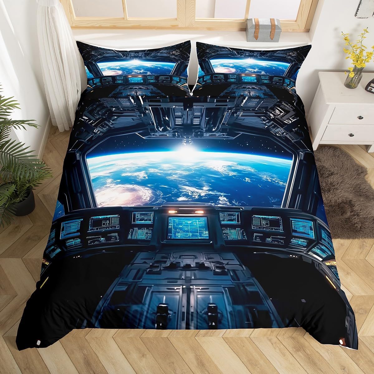 Outer Space Duvet Cover Set Toddler,Universe Planet Spaceship Bedding Set Kids Girls Boys Room Decor,Astronaut Space Ship Comforter Cover 2Pcs,The Earth Microfiber Bedspreads Cover,1 Pillowcase