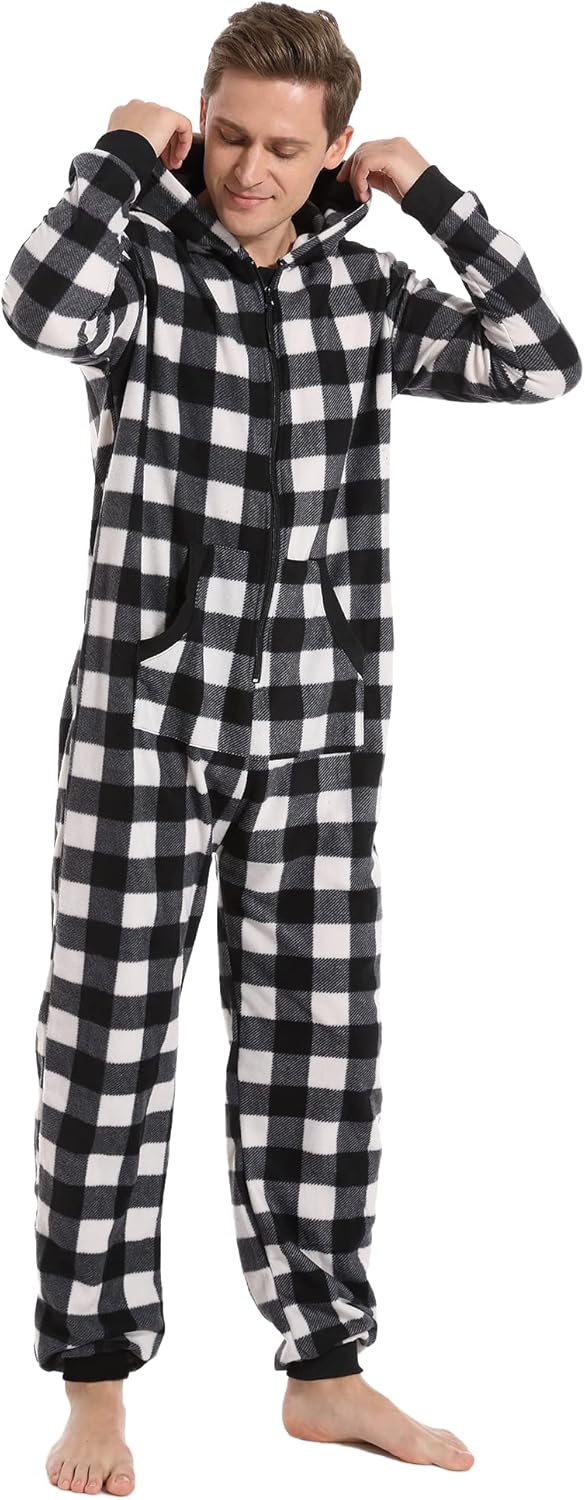 Unisex Check Onesie Christmas Zip Up Matching Onesie Hooded Pajamas One Piece Non-Footed Jumpsuit Adult Teenager - Image 6